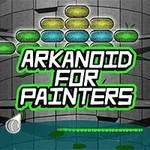Textul „Arkanoid for Painters” este plasat peste un fundal cu blocuri colorate pe un perete curbat și o platformă verde în partea de jos