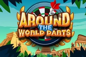 Titlu mare Around the World Darts cu un decor de darts și fundal cu clădiri stilizate inspirate de arhitectura mondială