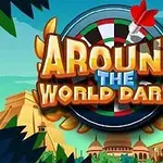 Titlu mare Around the World Darts cu un decor de darts și fundal cu clădiri stilizate inspirate de arhitectura mondială