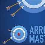 Trei ținte albastre cu săgeți și textul Arrow Master pe un fundal albastru