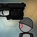 Pistol negru stilizat pe fundal hexagonal, lângă o figură stilizată umană cu caschetă și ochi roșu