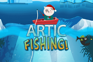 Un pisoi într-o barcă roșie poartă o pălărie de Moș Crăciun și pescuiește într-un peisaj arctic, cu pești sub apă