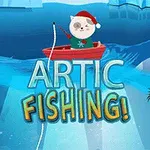Un pisoi într-o barcă roșie poartă o pălărie de Moș Crăciun și pescuiește într-un peisaj arctic, cu pești sub apă