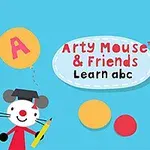 Personaje animate țin baloane colorate cu literele A, B și C pe un fundal albastru deschis