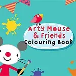 Caiet de colorat cu un șoricel care ține o pensulă, fundal turcoaz și elemente de decor viu colorate, cu un titlu și bannere triunghiulare sus