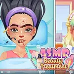 Două personaje animate sunt prezentate una lângă alta, una având fața acoperită de coșuri și pensete, iar cealaltă cu fața curată și aranjată, cu titlul ASMR Beauty Treatment în față