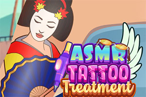 Femeie în costum tradițional cu evantai și textul ASMR Tattoo Treatment în prim-plan