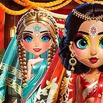 Două păpuși stilizate în costume tradiționale, una cu rochie roșie și alta cu rochie albastră, pe un fundal festiv cu decoruri luminoase