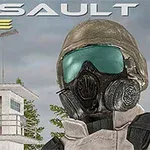 Un soldat cu mască de gaz și ochelari de protecție în fața unui turn de observație, cu titlul Assault Time deasupra