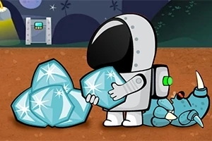 Astronaut desenat ținând cristale albastre pe o planetă extraterestră, cu un cărucior și un extraterestru albastru lângă