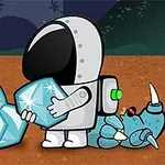 Astronaut desenat ținând cristale albastre pe o planetă extraterestră, cu un cărucior și un extraterestru albastru lângă