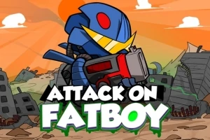 Un personaj robotizat cu armură albastră și ochi roșii ține o armă într-un peisaj urban distrus, cu textul Attack on Fatboy suprapus în prim-plan
