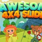 Text colorat „Awesome 4x4 Slider” deasupra unui peisaj cu doi personaje desenate, o fetiță cu pălărie și un ursuleț cu un ghiozdan
