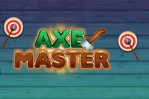 Textul „Axe Master” cu o grafică de topor în centru, flancat de două ținte cu săgeți pe un fundal albastru-verzui