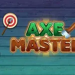 Textul „Axe Master” cu o grafică de topor în centru, flancat de două ținte cu săgeți pe un fundal albastru-verzui