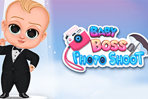 Un bebeluș îmbrăcat într-un costum elegant, alături de un logo colorat care include o cameră foto roz și cuvintele Baby Boss Photo Shoot