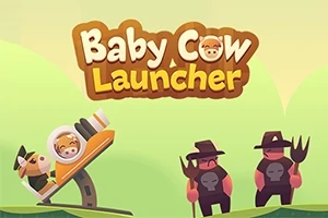 Două personaje animate ținând furci lângă o catapultă mică cu o vacă în spațiu, cu un fundal verde și titlul „Baby Cow Launcher” deasupra