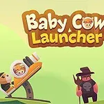 Două personaje animate ținând furci lângă o catapultă mică cu o vacă în spațiu, cu un fundal verde și titlul „Baby Cow Launcher” deasupra