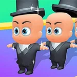Trei personaje animate îmbrăcate în costume negre și purtând pălării de cilindru, pe un fundal colorat
