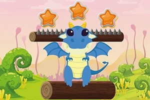 Dragon albastru drăguț stând pe un trunchi de copac cu trei stele deasupra și un peisaj fantezist în fundal
