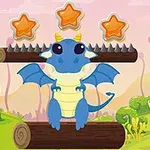 Dragon albastru drăguț stând pe un trunchi de copac cu trei stele deasupra și un peisaj fantezist în fundal