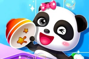 Urs panda desenat, cu o fundiță roz, ținând un bol și făcând cu ochiul, într-un cadru colorat și strălucitor