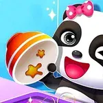 Urs panda desenat, cu o fundiță roz, ținând un bol și făcând cu ochiul, într-un cadru colorat și strălucitor