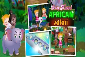 Copii pe un elefant, imagini de aventură safari, și text colorat în fundal