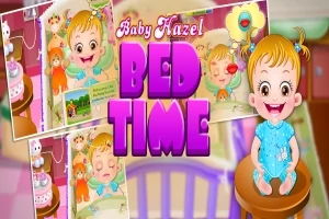 Fetiță zâmbitoare în pijama albastră, cu diverse imagini de somn din fundal și textul Baby Hazel Bed Time în centru