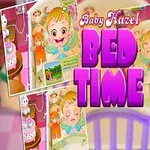 Fetiță zâmbitoare în pijama albastră, cu diverse imagini de somn din fundal și textul Baby Hazel Bed Time în centru