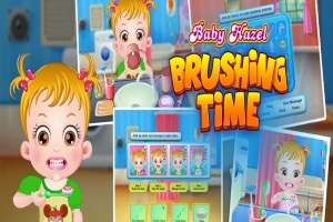 Imagine cu o fetiță blondă cu două codițe, zâmbind, în fața unei oglinzi într-o baie, cu textul Brushing Time scris cu litere mari și colorate