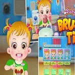 Imagine cu o fetiță blondă cu două codițe, zâmbind, în fața unei oglinzi într-o baie, cu textul Brushing Time scris cu litere mari și colorate