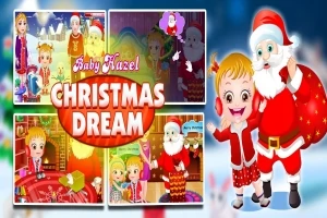 Fetiță cu căciulă de Moș Crăciun alături de Moș Crăciun, cu imagini de Crăciun în fundal și text Baby Hazel Christmas Dream