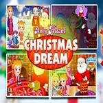 Fetiță cu căciulă de Moș Crăciun alături de Moș Crăciun, cu imagini de Crăciun în fundal și text Baby Hazel Christmas Dream
