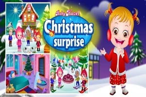 Copilă îmbrăcată în costum de Moș Crăciun, stând alături de imagini ale unor scene de iarnă și sărbători, cu un logo central intitulat Christmas Surprise