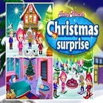 Copilă îmbrăcată în costum de Moș Crăciun, stând alături de imagini ale unor scene de iarnă și sărbători, cu un logo central intitulat Christmas Surprise