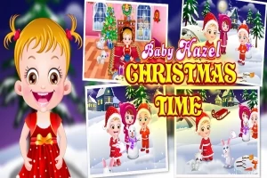 Copil blond zâmbitor într-o rochie roșie, înconjurat de imagini cu tematică de Crăciun și titlul Baby Hazel Christmas Time