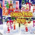 Copil blond zâmbitor într-o rochie roșie, înconjurat de imagini cu tematică de Crăciun și titlul Baby Hazel Christmas Time