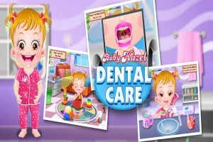 Un copil cu păr blond într-un set de pijamale roz este alături de trei imagini care ilustrează îngrijirea dentară, cu un titlu mare în mijloc