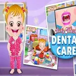 Un copil cu păr blond într-un set de pijamale roz este alături de trei imagini care ilustrează îngrijirea dentară, cu un titlu mare în mijloc