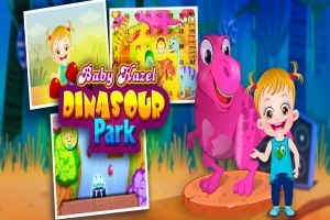 Fetiță blondă zâmbitoare stând lângă un dinozaur roz, cu imagini de fundal colorate și text care spune Baby Hazel Dinosaur Park