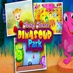 Fetiță blondă zâmbitoare stând lângă un dinozaur roz, cu imagini de fundal colorate și text care spune Baby Hazel Dinosaur Park