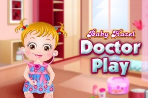 O fetiță blondă zâmbitoare îmbrăcată în rochiță albastră, ținând un stetoscop, cu textul Baby Hazel Doctor Play pe fundal