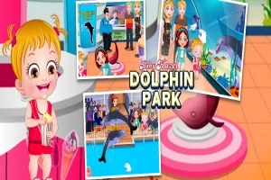 Fetiță blondă zâmbitoare ținând o steluță de mare alături de imagini mici cu oameni și delfini la un parc acvatic