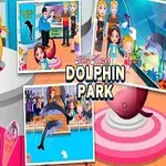 Fetiță blondă zâmbitoare ținând o steluță de mare alături de imagini mici cu oameni și delfini la un parc acvatic