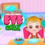 O fetiță stă pe un scaun la o masă, alături de o femeie în halat alb cu un clipboard, având în centru titlul colorat Eye Care