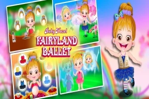 Fetiță desen animat în diferite costume de balet, pe un fundal colorat cu cer senin și curcubeu