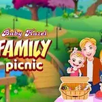 O familie desenată, formată din două adulți și doi copii, stă lângă un coș de picnic într-un parc colorat