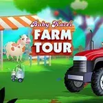 Un tractor roșu cu două persoane lângă un semn cu un vițel și copaci în fundal