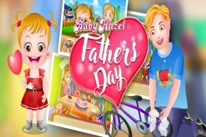 Un tată și o fetiță zâmbitoare cu un balon în formă de inimă, cu textul Baby Hazel Fathers Day pe fundal